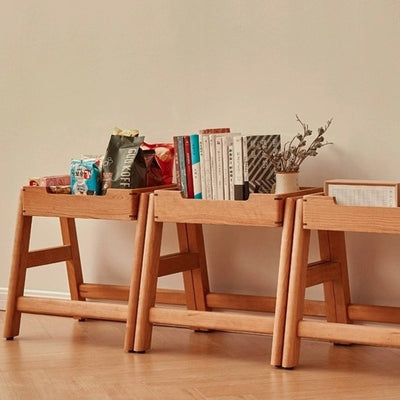 Modern Minimalist Square Rectangular Cherry Wood Storage Stackable Low Stool For Living Room