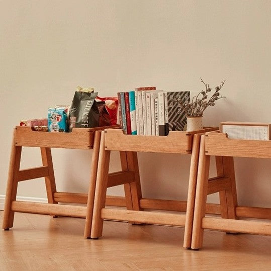 Modern Minimalist Square Rectangular Cherry Wood Storage Stackable Low Stool For Living Room