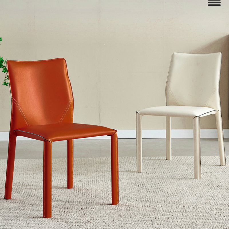 Modern Minimalist Square Rectangular Saddle Leather Carbon Steel Dining Chair Backrest Armless For Dining Room & Kitchen
