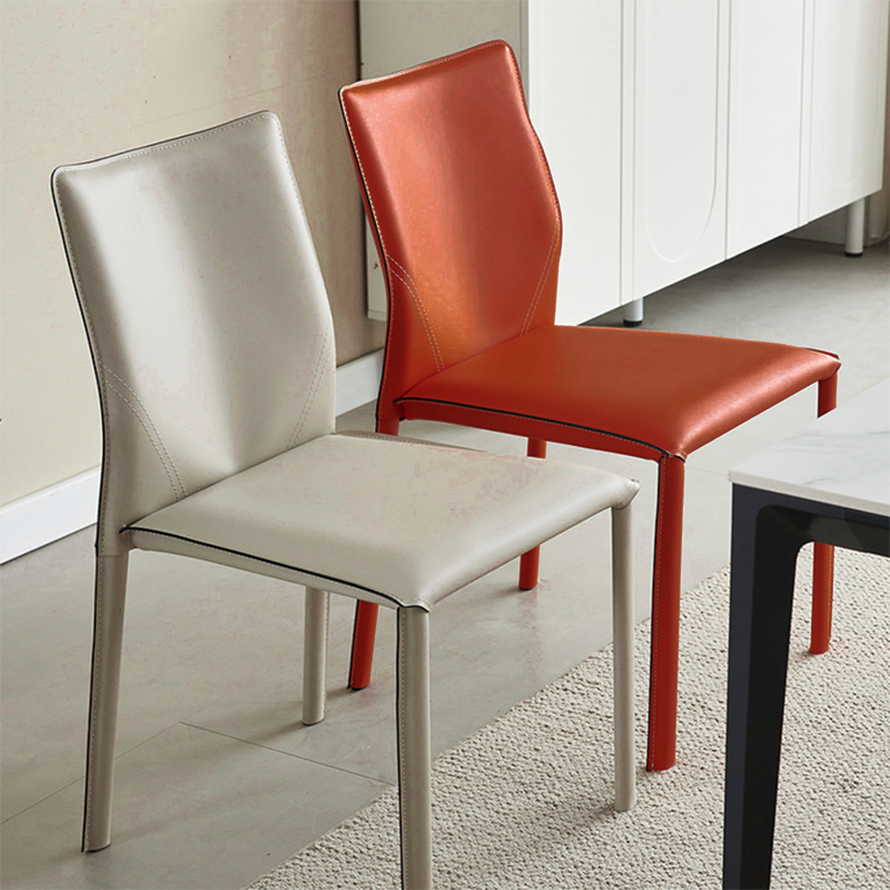 Modern Minimalist Square Rectangular Saddle Leather Carbon Steel Dining Chair Backrest Armless For Dining Room & Kitchen