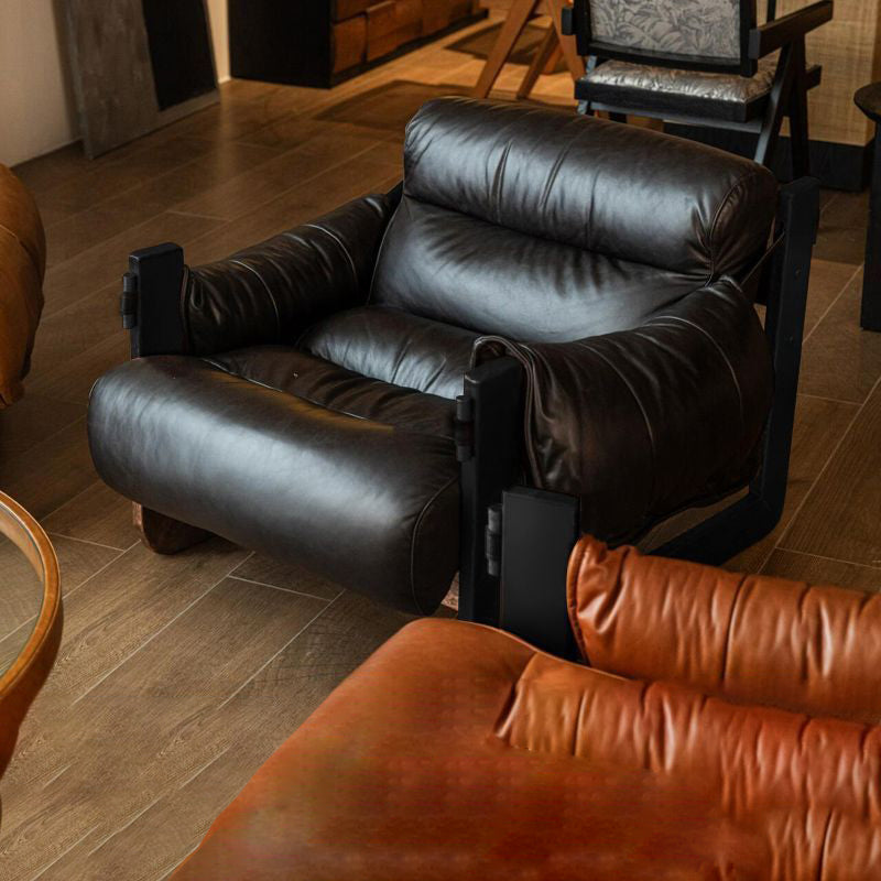 Silla de acento removible con respaldo y reposabrazos de hierro y cuero encerado rectangular cuadrado retro contemporáneo para sala de estar 
