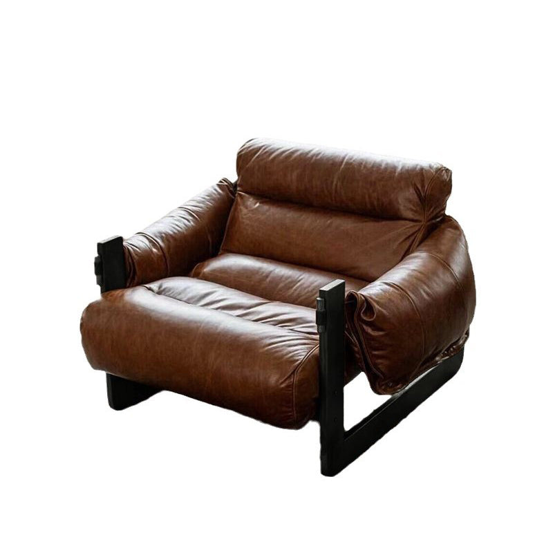 Silla de acento removible con respaldo y reposabrazos de hierro y cuero encerado rectangular cuadrado retro contemporáneo para sala de estar 