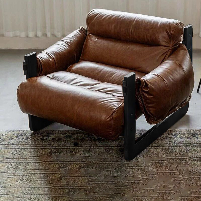 Silla de acento removible con respaldo y reposabrazos de hierro y cuero encerado rectangular cuadrado retro contemporáneo para sala de estar 