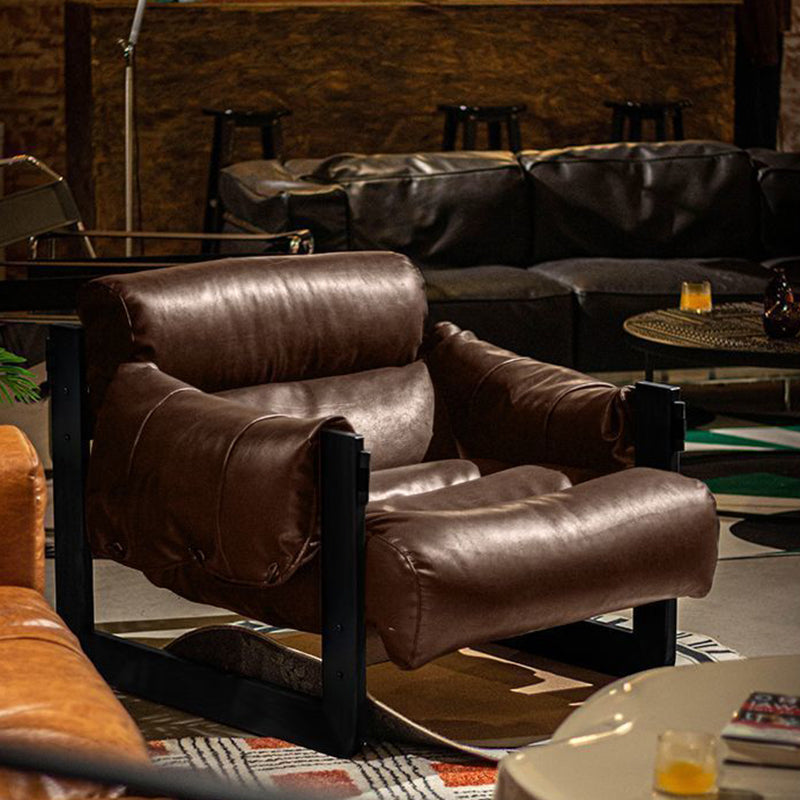 Silla de acento removible con respaldo y reposabrazos de hierro y cuero encerado rectangular cuadrado retro contemporáneo para sala de estar 