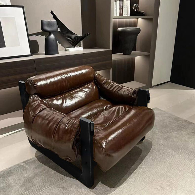 Silla de acento removible con respaldo y reposabrazos de hierro y cuero encerado rectangular cuadrado retro contemporáneo para sala de estar 
