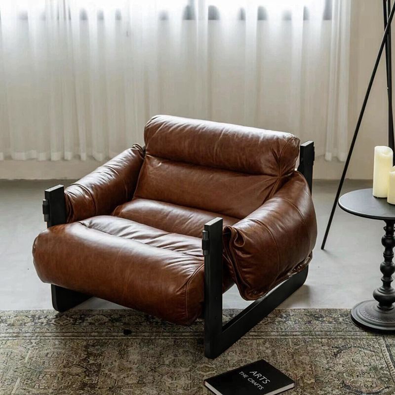 Silla de acento removible con respaldo y reposabrazos de hierro y cuero encerado rectangular cuadrado retro contemporáneo para sala de estar 
