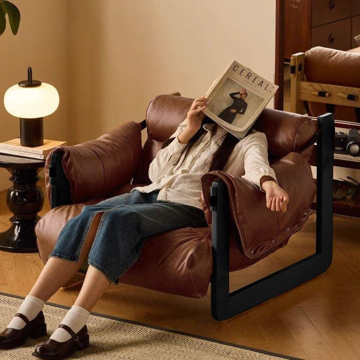 Silla de acento removible con respaldo y reposabrazos de hierro y cuero encerado rectangular cuadrado retro contemporáneo para sala de estar 
