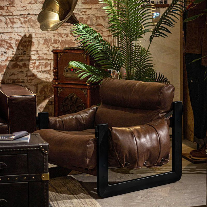 Silla de acento removible con respaldo y reposabrazos de hierro y cuero encerado rectangular cuadrado retro contemporáneo para sala de estar 
