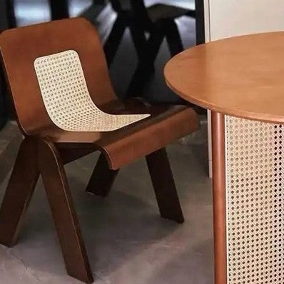 Traditional Chinese Square Rectangular Rubberwood Faux Wicker Weaving Dining Chair Backrest Armless For Dining Room & Kitchen