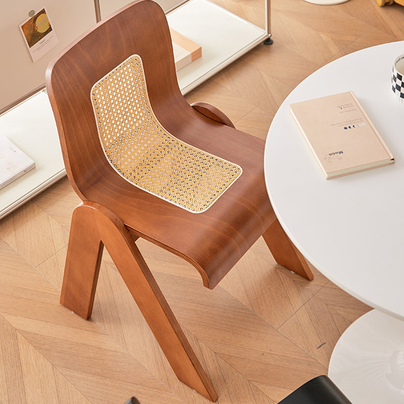 Traditional Chinese Square Rectangular Rubberwood Faux Wicker Weaving Dining Chair Backrest Armless For Dining Room & Kitchen