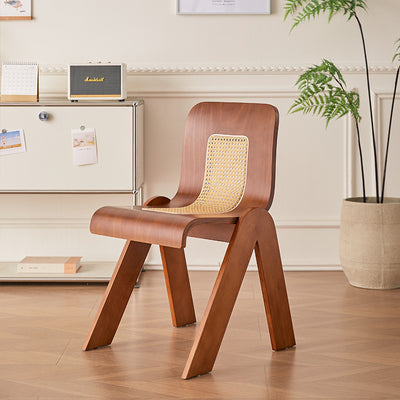 Traditional Chinese Square Rectangular Rubberwood Faux Wicker Weaving Dining Chair Backrest Armless For Dining Room & Kitchen