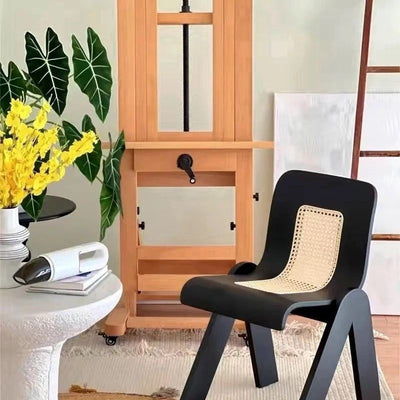 Traditional Chinese Square Rectangular Rubberwood Faux Wicker Weaving Dining Chair Backrest Armless For Dining Room & Kitchen