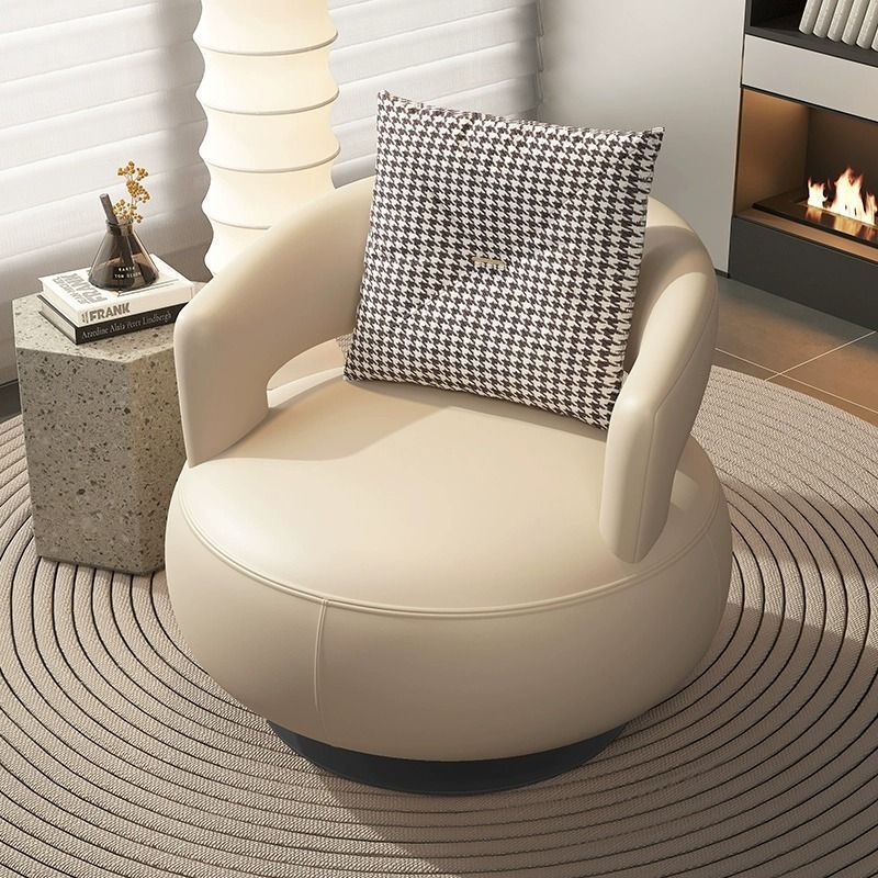 Contemporary Nordic Round Silicone Leather Carbon Steel Solid Wood 360°Swivel Accent Chair Backrest Armrest For Living Room