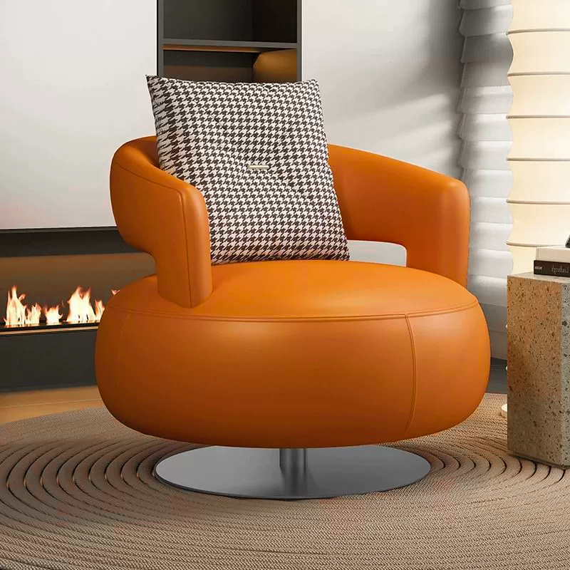 Contemporary Nordic Round Silicone Leather Carbon Steel Solid Wood 360°Swivel Accent Chair Backrest Armrest For Living Room