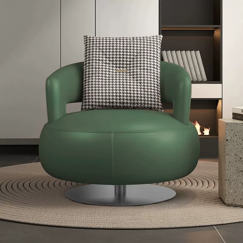 Contemporary Nordic Round Silicone Leather Carbon Steel Solid Wood 360°Swivel Accent Chair Backrest Armrest For Living Room
