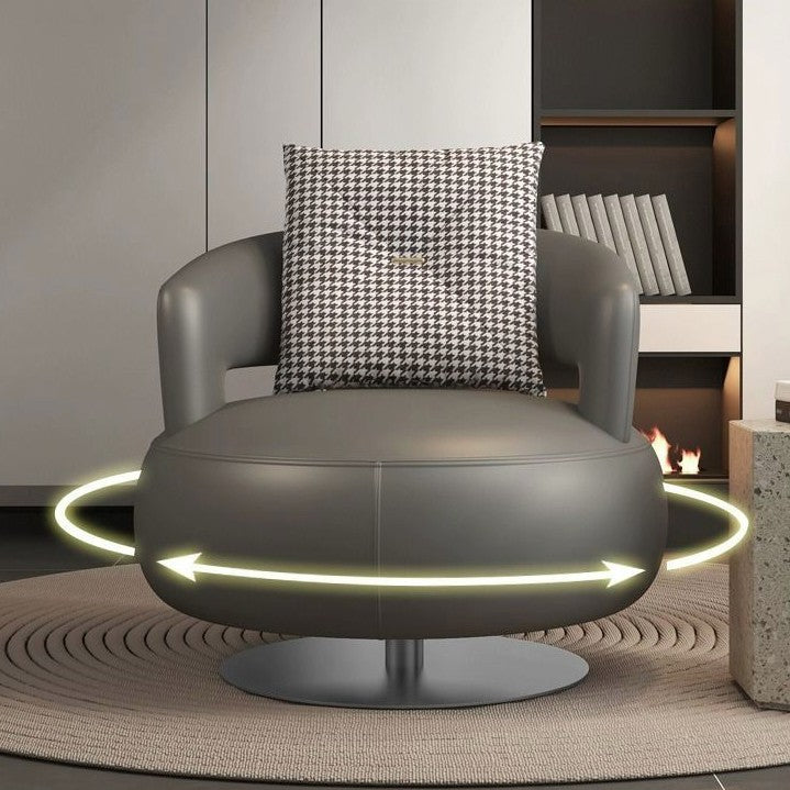 Contemporary Nordic Round Silicone Leather Carbon Steel Solid Wood 360°Swivel Accent Chair Backrest Armrest For Living Room