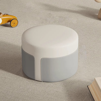 Modern Minimalist Round Nappa Leather Solid Wood Plywood Low Stool For Living Room