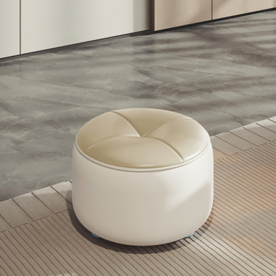Modern Minimalist Round Nappa Leather Solid Wood Plywood Low Stool For Living Room
