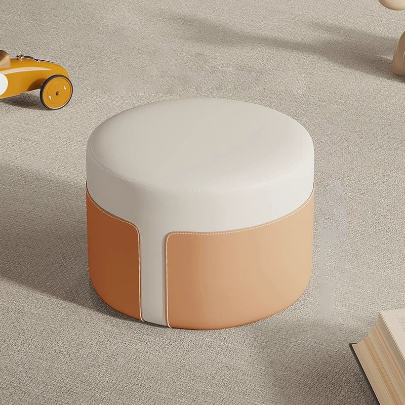 Modern Minimalist Round Nappa Leather Solid Wood Plywood Low Stool For Living Room