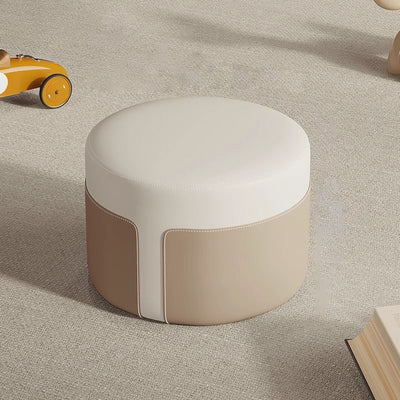 Modern Minimalist Round Nappa Leather Solid Wood Plywood Low Stool For Living Room