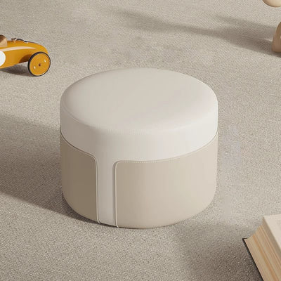 Modern Minimalist Round Nappa Leather Solid Wood Plywood Low Stool For Living Room