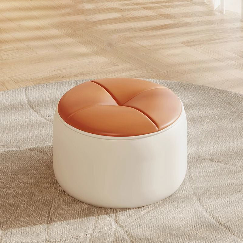 Modern Minimalist Round Nappa Leather Solid Wood Plywood Low Stool For Living Room