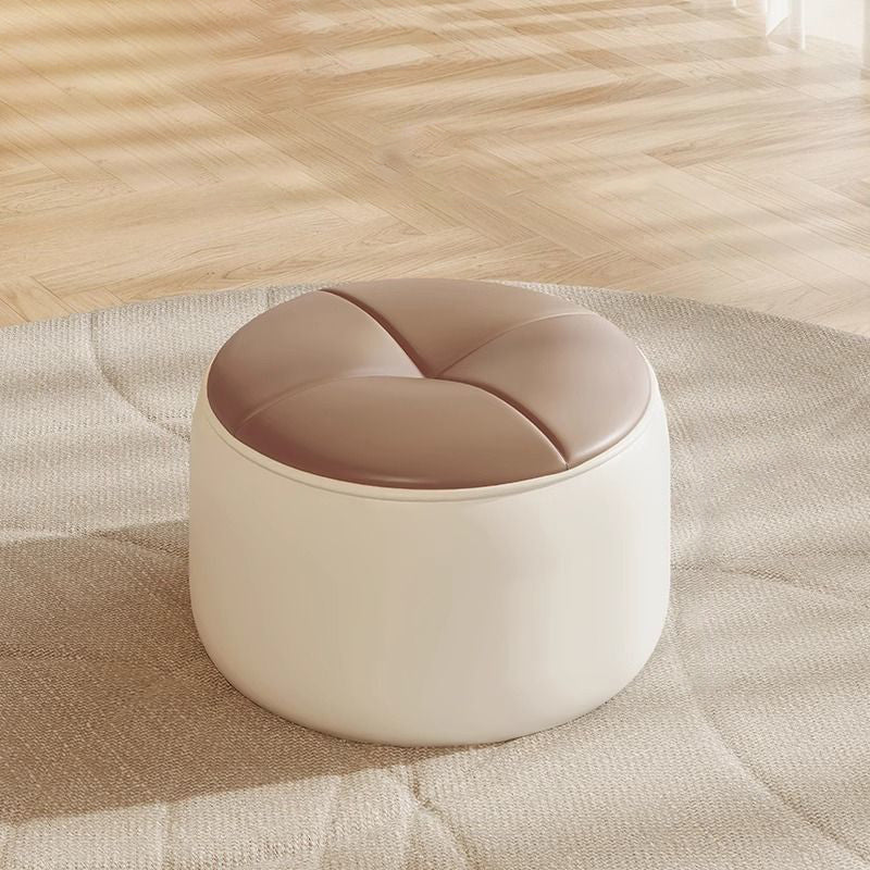 Modern Minimalist Round Nappa Leather Solid Wood Plywood Low Stool For Living Room