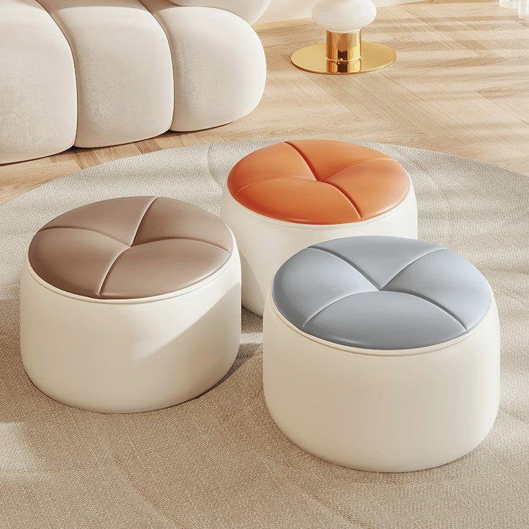 Modern Minimalist Round Nappa Leather Solid Wood Plywood Low Stool For Living Room