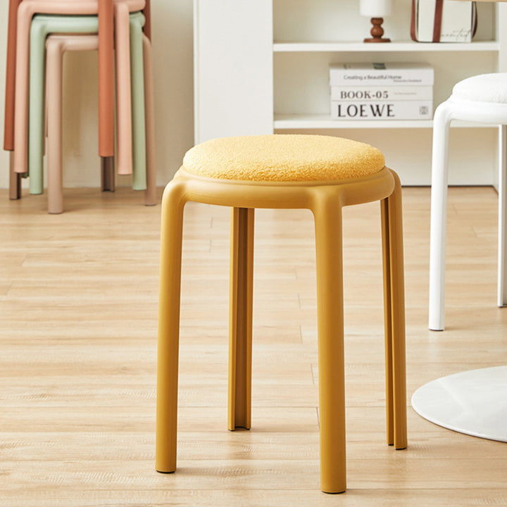Modern Minimalist Round Faux Leather Teddy Fleece Plastic Low Stool For Living Room