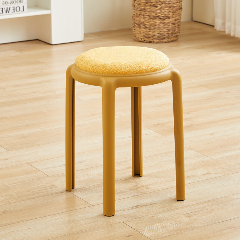 Modern Minimalist Round Faux Leather Teddy Fleece Plastic Low Stool For Living Room