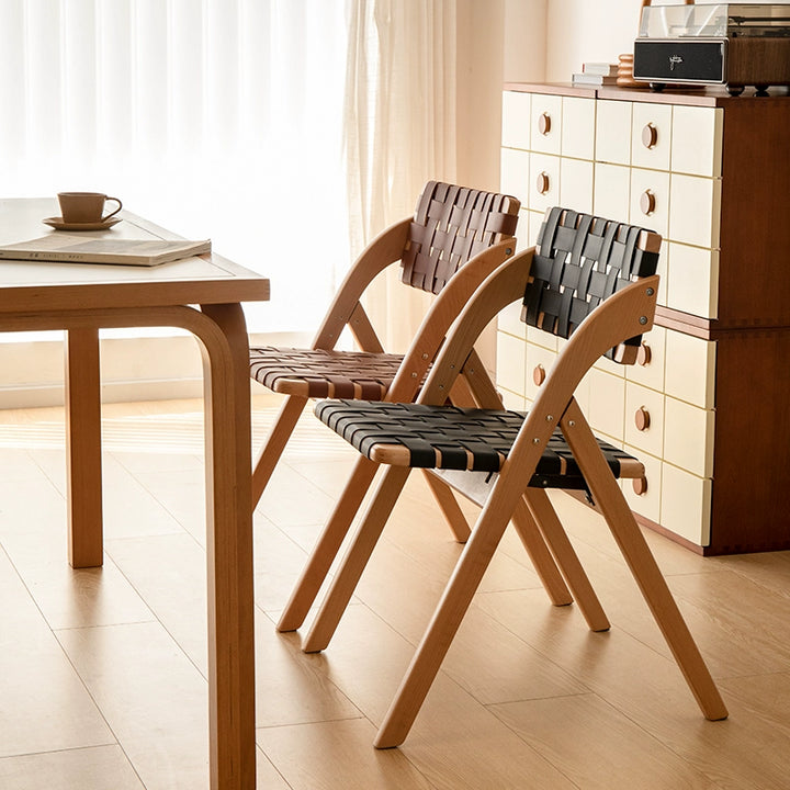 Chaise de salle à manger pliante moderne minimaliste carrée rectangulaire en cuir et bois d’hévéa avec dossier, sans accoudoirs, pour salle à manger et cuisine 