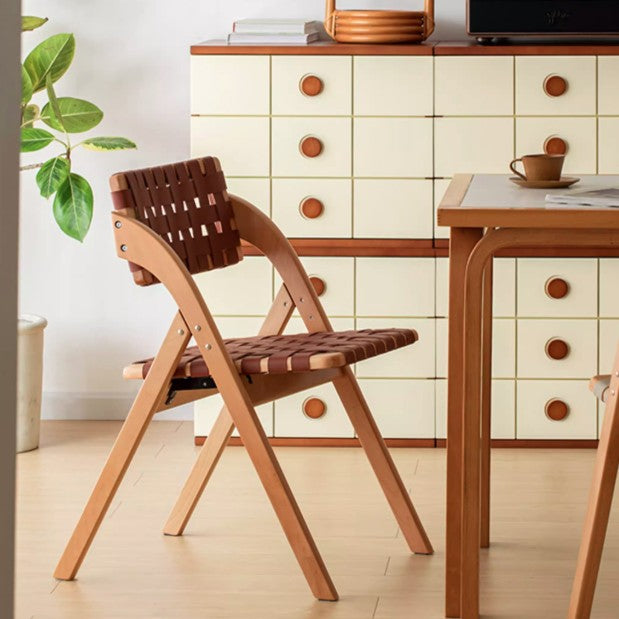 Chaise de salle à manger pliante moderne minimaliste carrée rectangulaire en cuir et bois d’hévéa avec dossier, sans accoudoirs, pour salle à manger et cuisine 