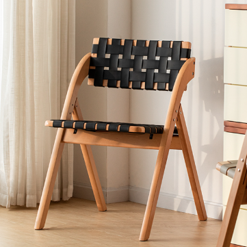 Chaise de salle à manger pliante moderne minimaliste carrée rectangulaire en cuir et bois d’hévéa avec dossier, sans accoudoirs, pour salle à manger et cuisine 