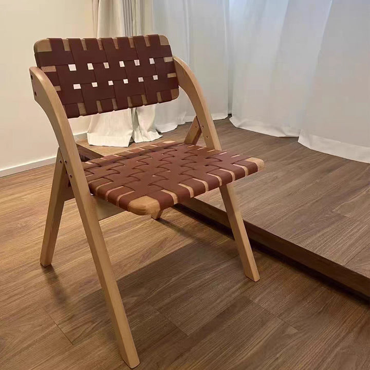 Chaise de salle à manger pliante moderne minimaliste carrée rectangulaire en cuir et bois d’hévéa avec dossier, sans accoudoirs, pour salle à manger et cuisine 