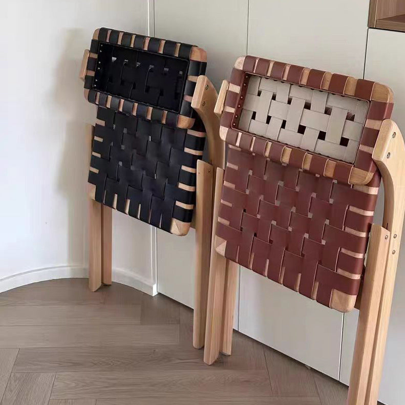 Chaise de salle à manger pliante moderne minimaliste carrée rectangulaire en cuir et bois d’hévéa avec dossier, sans accoudoirs, pour salle à manger et cuisine 