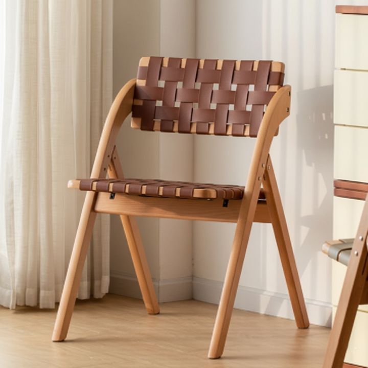 Chaise de salle à manger pliante moderne minimaliste carrée rectangulaire en cuir et bois d’hévéa avec dossier, sans accoudoirs, pour salle à manger et cuisine 