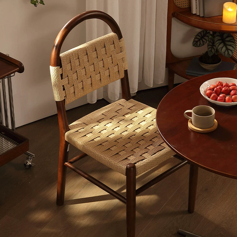 Zeitgenössischer Retro-Quadrat Rechteckiger Gummibaum Kraftpapier Seilgeflecht Esszimmerstuhl Rückenlehne Ohne Armlehnen Für Esszimmer &amp; Küche 