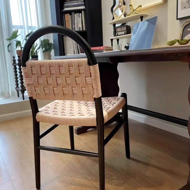 Zeitgenössischer Retro-Quadrat Rechteckiger Gummibaum Kraftpapier Seilgeflecht Esszimmerstuhl Rückenlehne Ohne Armlehnen Für Esszimmer &amp; Küche 