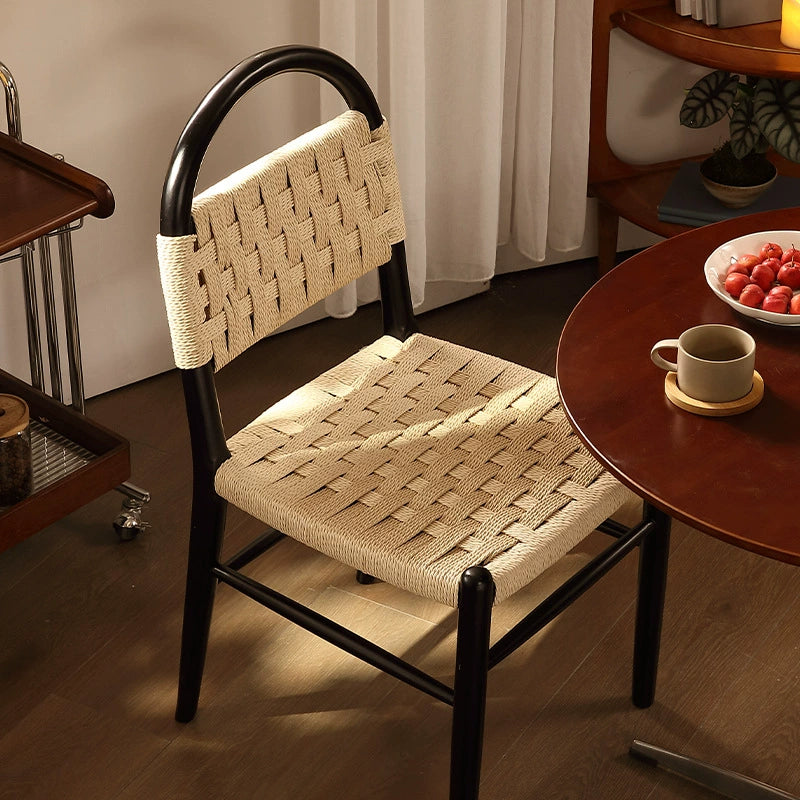 Zeitgenössischer Retro-Quadrat Rechteckiger Gummibaum Kraftpapier Seilgeflecht Esszimmerstuhl Rückenlehne Ohne Armlehnen Für Esszimmer &amp; Küche 