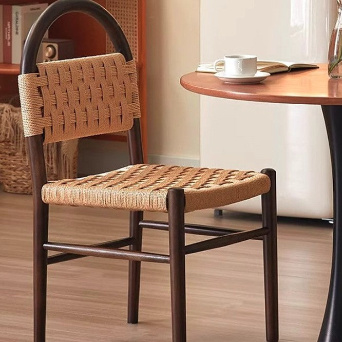 Zeitgenössischer Retro-Quadrat Rechteckiger Gummibaum Kraftpapier Seilgeflecht Esszimmerstuhl Rückenlehne Ohne Armlehnen Für Esszimmer &amp; Küche 