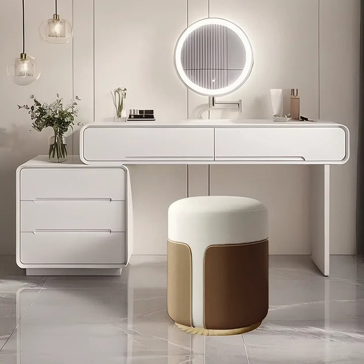 Modern Minimalist Round Cat Scratch Leather Plywood Vanity Stool Backless Armless For Bedroom