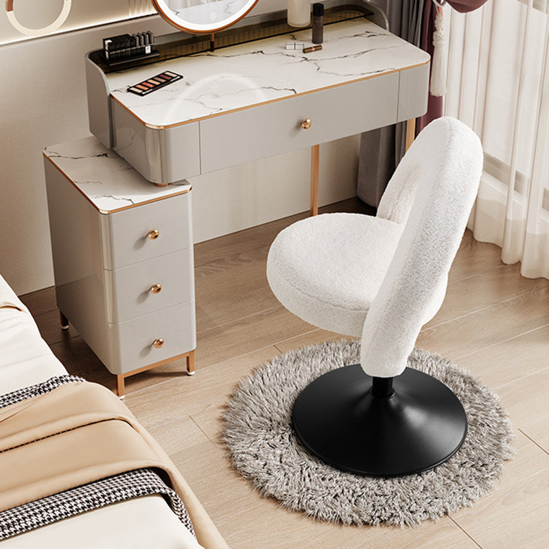 Modern Minimalist Round Lamb Fleece Carbon Steel Height Adjustable Foldable 360°Swivel Vanity Stool Backless Armless For Bedroom