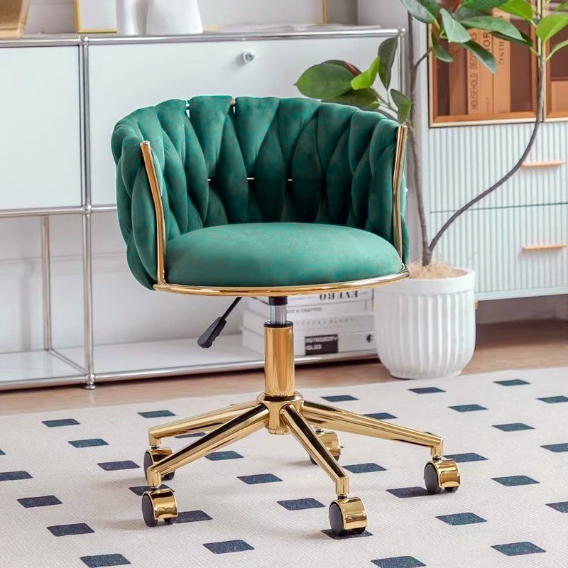 Contemporary Nordic Square Round Titanium Gold Coated Iron Velvet 360°Swivel Height Adjustable Vanity Stool Backrest Armless For Bedroom