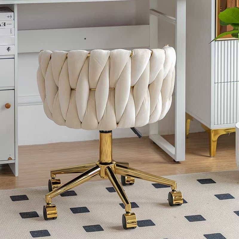 Contemporary Nordic Square Round Titanium Gold Coated Iron Velvet 360°Swivel Height Adjustable Vanity Stool Backrest Armless For Bedroom