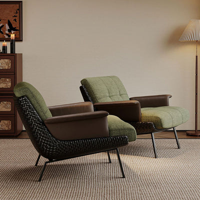 Modern Minimalist Square Rectangular Cotton-linen Faux Leather Solid Wood Plywood Carbon Steel Accent Chair Backrest Armrest For Living Room