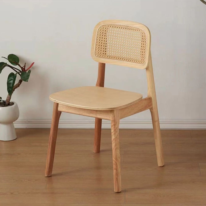 Traditioneller japanischer quadratischer Gummibaum Nappa-Leder Faux Rattan Webstuhl Esszimmerstuhl Rückenlehne ohne Armlehnen für Esszimmer &amp; Küche 