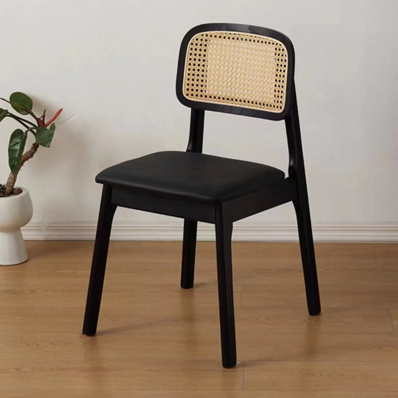 Traditional Japanese Square Rubberwood Nappa Leather Faux Rattan Weaving Dining Chair Backrest Armless For Dining Room & Kitchen