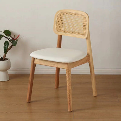 Traditional Japanese Square Rubberwood Nappa Leather Faux Rattan Weaving Dining Chair Backrest Armless For Dining Room & Kitchen