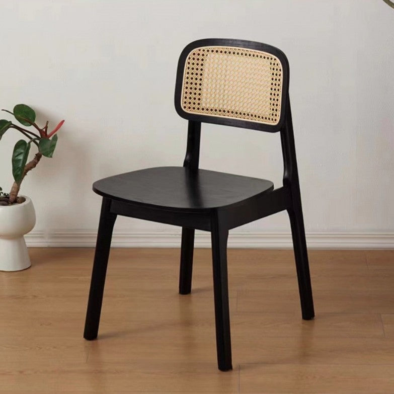 Traditioneller japanischer quadratischer Gummibaum Nappa-Leder Faux Rattan Webstuhl Esszimmerstuhl Rückenlehne ohne Armlehnen für Esszimmer &amp; Küche 