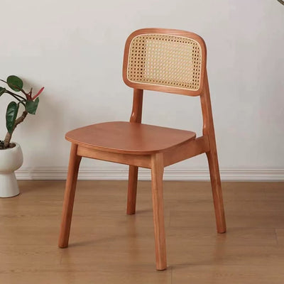 Traditional Japanese Square Rubberwood Nappa Leather Faux Rattan Weaving Dining Chair Backrest Armless For Dining Room & Kitchen